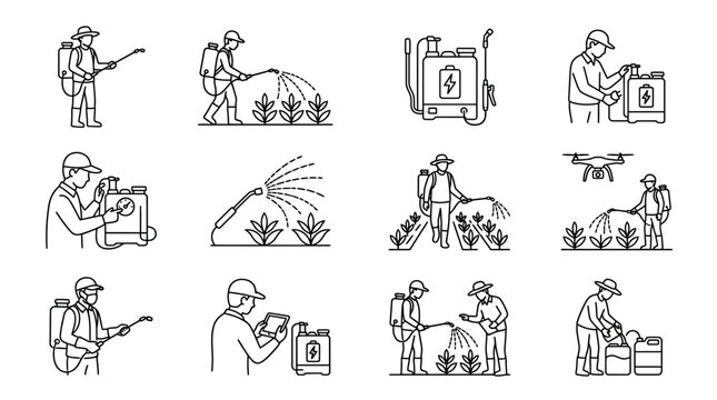 Modern Agricultural Spraying and Pest Control Equipment Icon Set