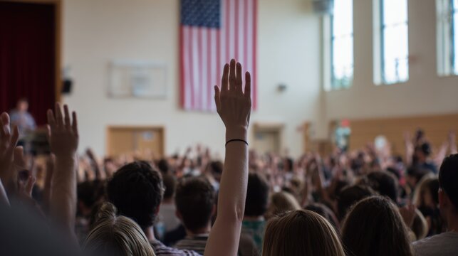 Audience raises hands during a meeting in a gymnasium with an American flag on the wall