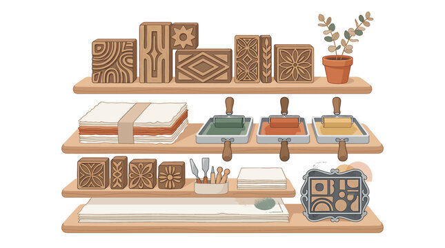 Wooden shelves with vintage printing blocks and tools.