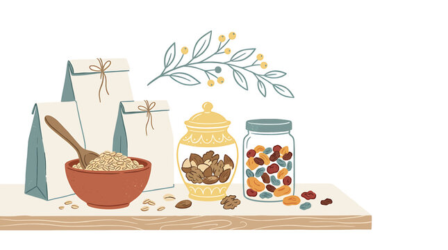 Colorful breakfast ingredients on wooden table illustration.