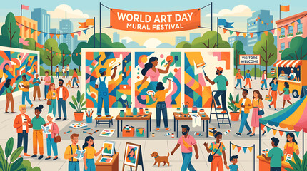 Colorful outdoor art festival with diverse crowd and murals. © Dasim