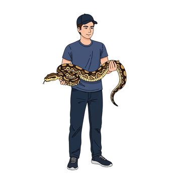Professional snake handler holding a large Burmese python, exotic reptile expert vector illustration