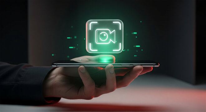 Futuristic video camera hologram over smartphone, digital recording icon interface, neon green glowing technology on mobile device