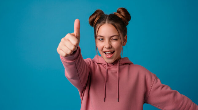 Young girl with space buns and freckles gives a thumbs up and winks