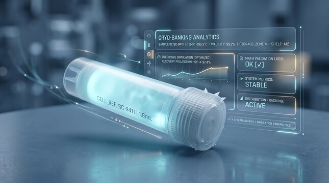 Cryogenic sample vial undergoes advanced digital diagnostic scanning in a laboratory environment while vital internal biological data streams are monitored through holographic interface technology.