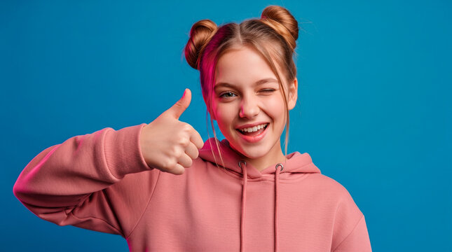Young girl with space buns winks and gives a thumbs up with a smile