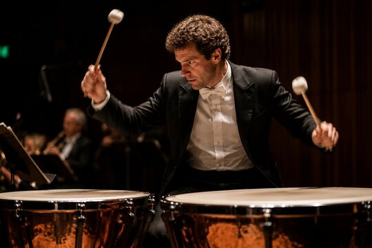 Orchestra percussionist poised over timpani on stage with dramatic lighting.