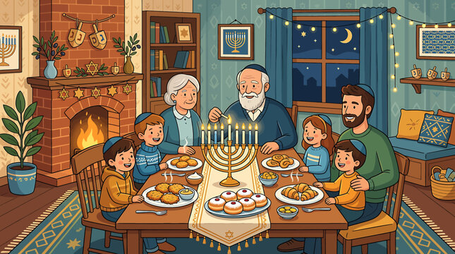 Family Celebrating Hanukkah with Menorah and Traditional Food.