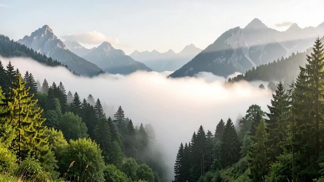 A serene alpine landscape featuring dense pine forests, majestic snow-capped mountains, and a blanket of fog. Perfect for natural beauty ry.
