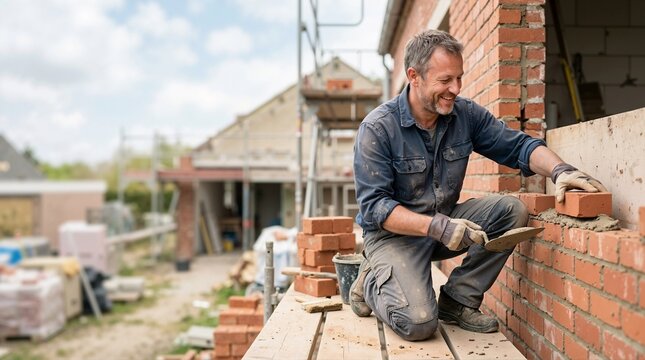 Smiling male builder laying red bricks on construction site. Happy mason working on scaffolding building house wall