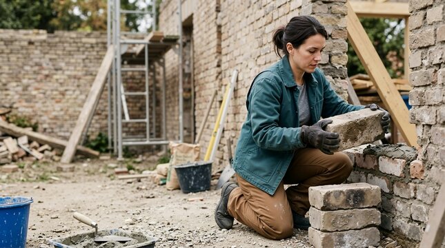 Female bricklayer lifting a heavy vintage brick block at a construction site. Woman mason kneeling and building a wall with mortar. Building restoration and masonry concept