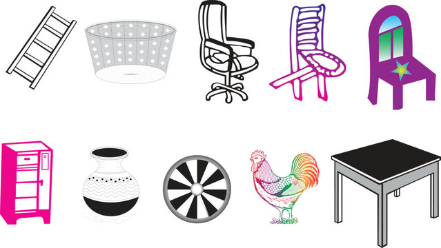 A collection of diverse household items including ladders, baskets, office chairs, decorative furniture, vases, wheels, roosters, and tables