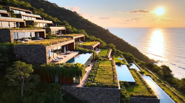 Modern luxury villas with infinity pools overlooking the ocean sunset