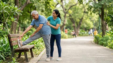 Obraz premium Woman encouraging elderly man during a leg stretch on a park bench. Female caregiver helping senior male with outdoor fitness exercises. Active aging and physical therapy concept