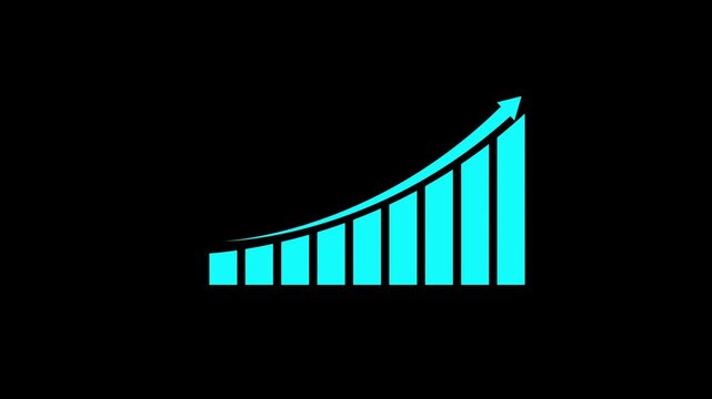 Cyan Business Growth Bar Chart with Upward Curved Arrow Animation on Black Background Seamless Loop Motion Graphics
