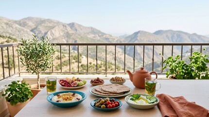 Fototapeta premium Healthy Mediterranean breakfast on sunny balcony with mountain view. Table set with hummus, pita bread, fresh fruit and mint tea. Wellness lifestyle