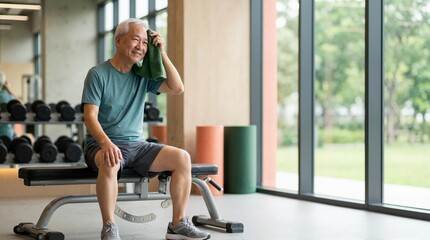 Fototapeta premium Smiling senior Asian man resting on weight bench in gym. Older male wiping sweat with towel after workout. Active aging and fitness lifestyle