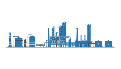 Naklejka premium Flat vector graphic showing a blue industrial refinery complex with storage tanks chimneys pipes and various mechanical processing units.