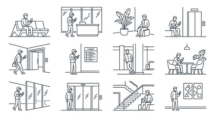 Obraz premium Business people and delivery workers line art illustrations in building interiors