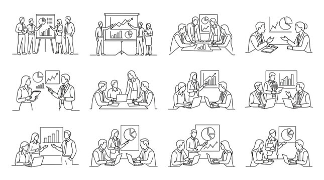Business meeting line art illustrations of professional office presentations