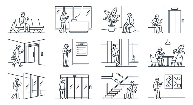 Business people and delivery workers line art illustrations in building interiors