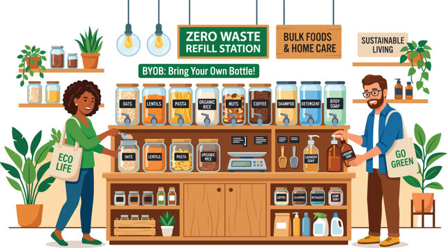 Sustainable Living Store Interior with Zero Waste Refill Station and Eco-Friendly Products On Display