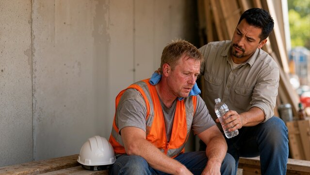 Construction worker suffering from heat exhaustion receiving water from a colleague. Tired builder resting on a construction site during hot weather