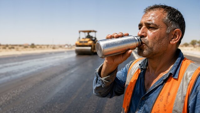 Road construction worker drinking water from a metal thermos on a hot day. Sweaty laborer hydrating during asphalt paving work with road roller in background
