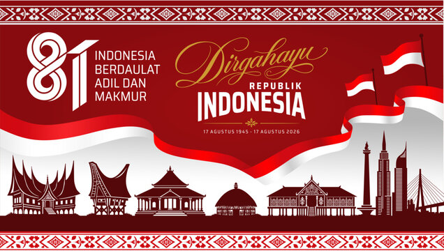81st Indonesia Independence Day 2026 with Traditional Houses Banner. Flat vector horizontal web header celebrating Indonesia's 81st Independence Day.