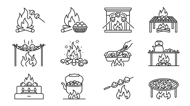 Chestnuts roasting over open fire line icon set