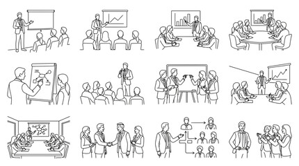 Obraz premium Corporate Business Presentation and Teamwork Meeting Line Art Set