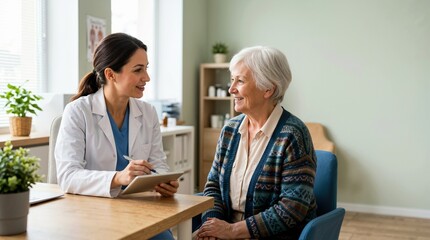 Fototapeta premium Female doctor consulting with an elderly woman in a clinic. Professional healthcare practitioner talking to senior patient with digital tablet