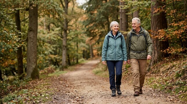 Happy senior couple hiking on a trail in the autumn forest. Active elderly man and woman walking together in nature. Healthy retirement lifestyle concept