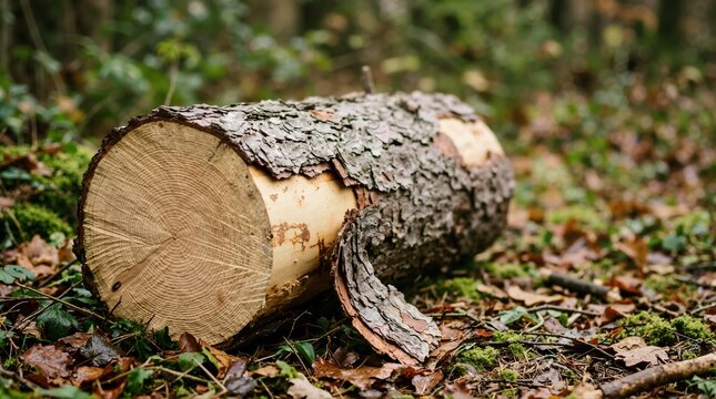Sawed tree log with peeling bark on the forest floor. Close up of cut timber surrounded by moss and autumn leaves