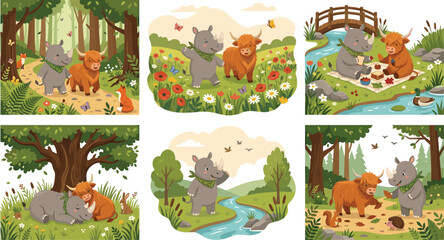 Cute baby rhino and highland cow exploring forest meadows picnics and rivers whimsical children storybook illustration vectors seet © Mohammad