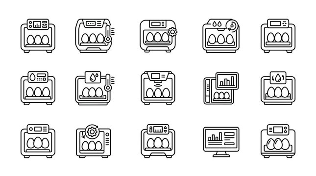 Linear icons of egg incubator machines for poultry farming