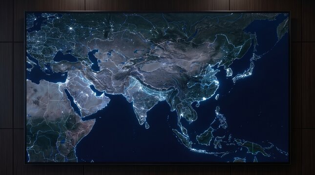 Illuminated Asia Map Displaying Urbanization and Population Density