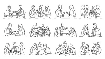 Obraz premium Minimalist line art collection of business professionals networking and collaborating