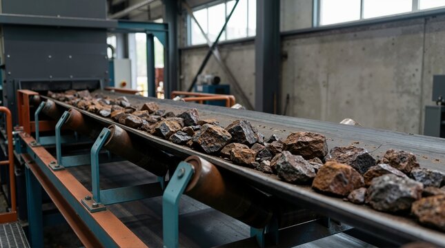 Close up of an industrial conveyor belt transporting raw iron ore. Heavy machinery and rollers in a mining processing plant