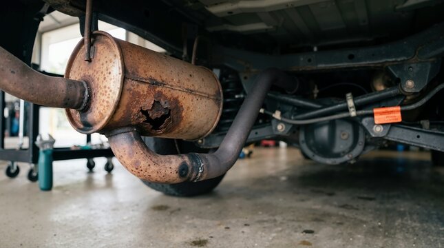 Close up of a rusted car muffler with a large corrosion hole. Damaged vehicle exhaust system undercarriage in an auto repair shop