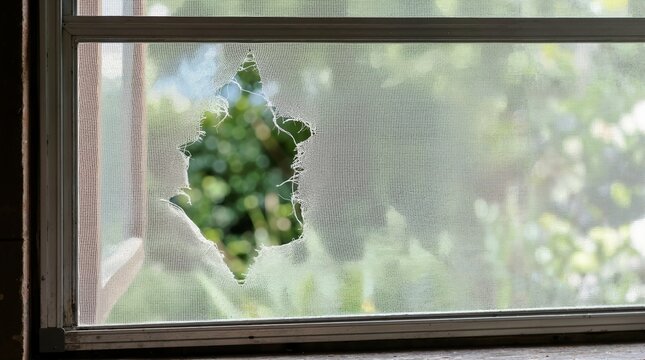 Close up of a ripped window screen with a large hole in the mesh netting. Damaged mosquito screen with blurred green garden foliage in the background