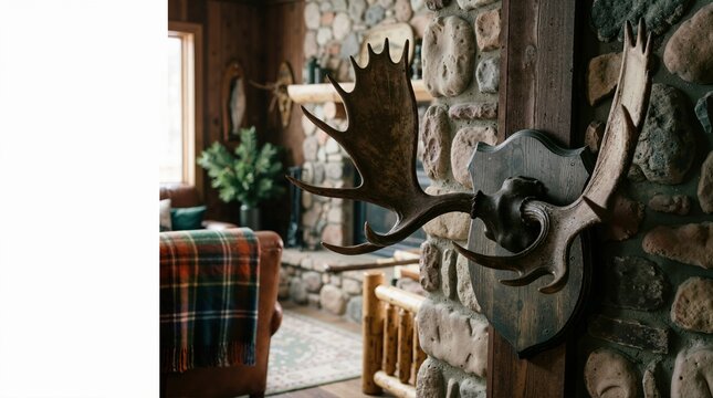 Mounted moose antlers on a rustic stone wall inside a cozy cabin lodge. Warm living room interior with leather sofa and plaid blanket. Copy space on left