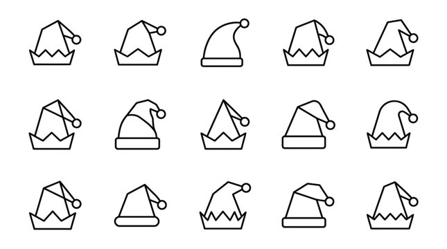 Minimalist line art icons of festive holiday elf and santa hats