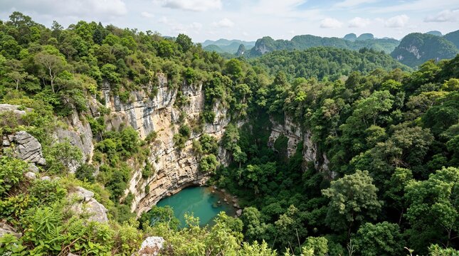 High angle view of a massive karst sinkhole with a turquoise pool. Deep doline surrounded by dense green forest and limestone cliffs. Geological wonder landscape