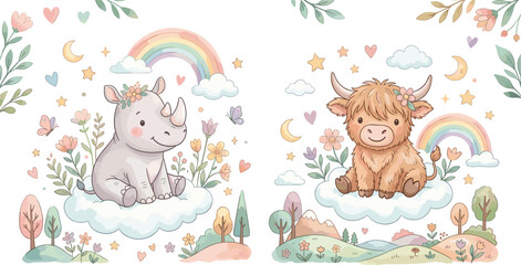 Cute baby rhino and highland cow sitting on clouds with rainbows hills and flowers pastel watercolor nursery vectors set © Mohammad