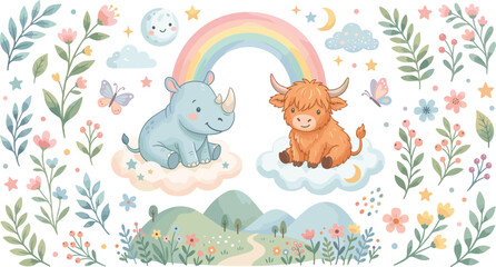 Cute baby rhino and highland cow vector set with rainbow floral branches clouds and mountains for nursery design © Mohammad