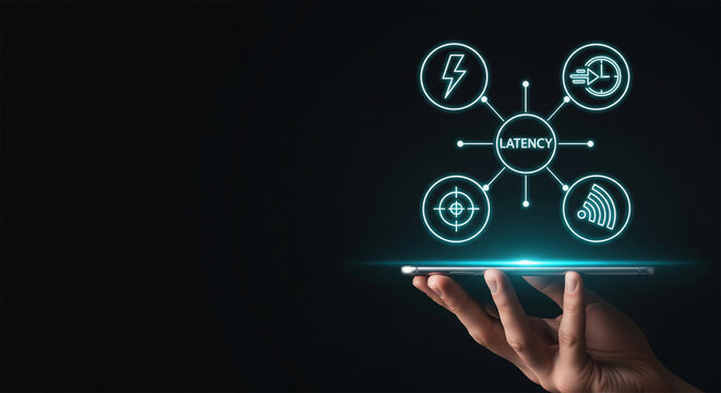 Network latency optimization concept, digital data speed icons on tablet screen, high speed internet connectivity and performance management