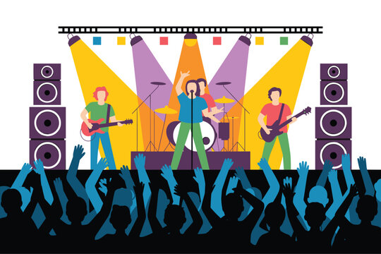 Rock band performing on stage in front of a cheering crowd at a concert