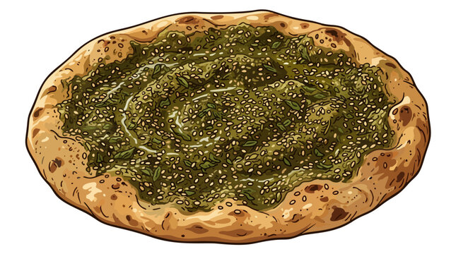 Lebanese flatbread manakish topped with zaatar spice blend olive oil and sesame seeds vector illustration