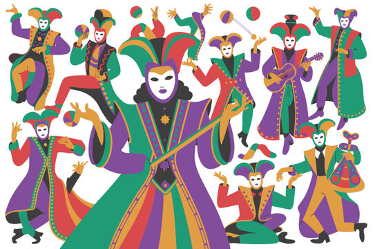 Set of venetian carnival jesters, harlequins and mimes in colorful costumes